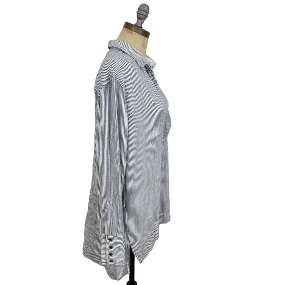 FREE PEOPLE Tunic Striped Shirt S Blue White Top Deep V-Neck Oversized EUC B90 - Picture 3 of 7
